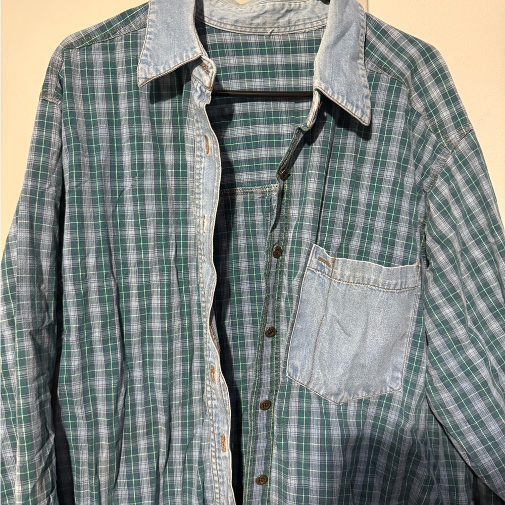 Green Plaid Button-Up Shirt with Light Denim Trim